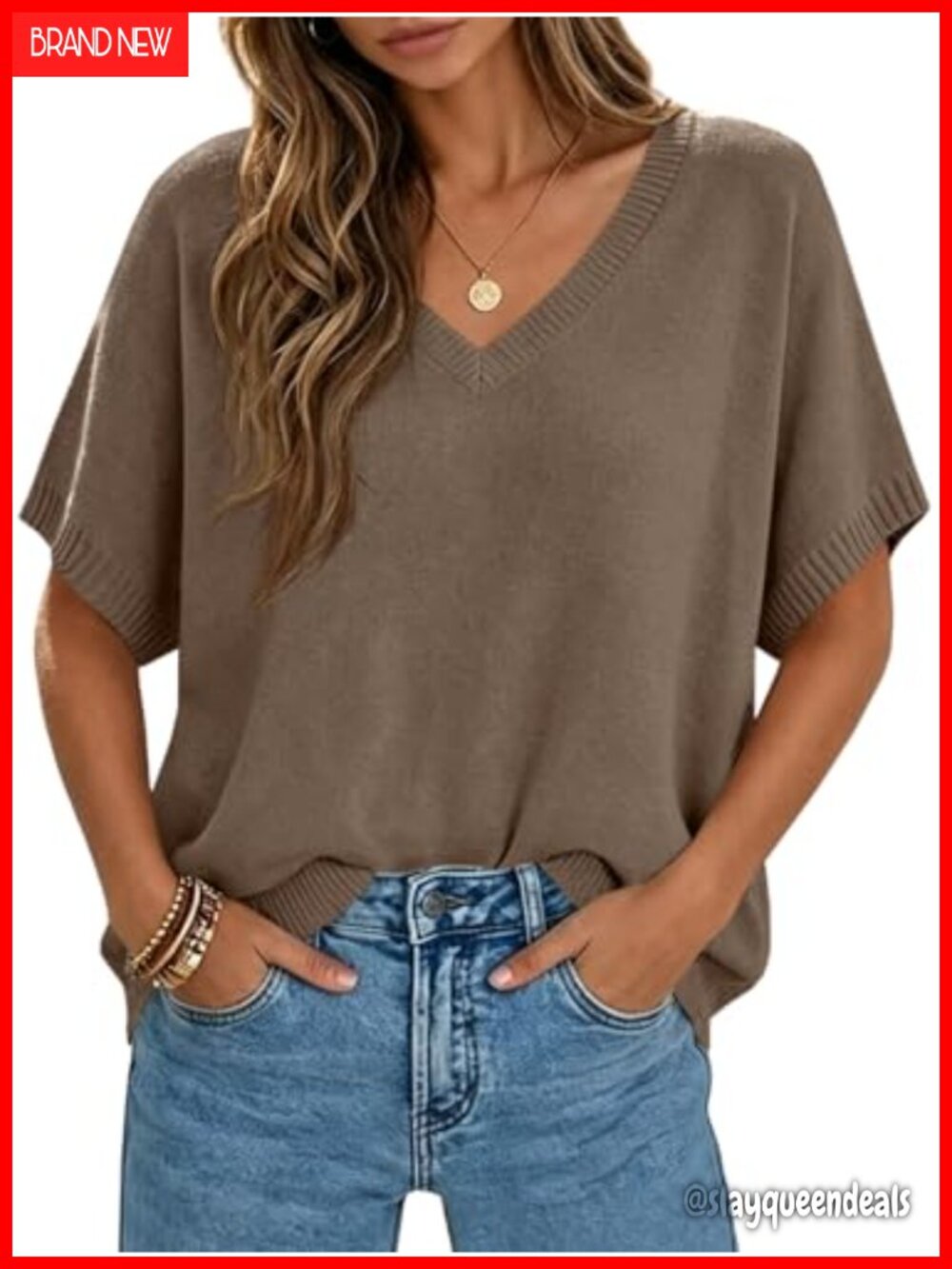 Oversized Batwing Short Sleeve V-Neck Knit Pullover Sweater